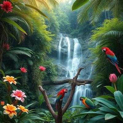 The primary subject of the image is a group of colorful birds perched on a tree branch. The birds are surrounded by a lush, tropical environment, with a waterfall in the background and a forest nearby. The visual style of the image is a combination of photo and digital art, creating a vibrant and captivating scene. The colors and mood of the image are predominantly warm and inviting, with the birds and their surroundings exuding a sense of tranquility and natural beauty.